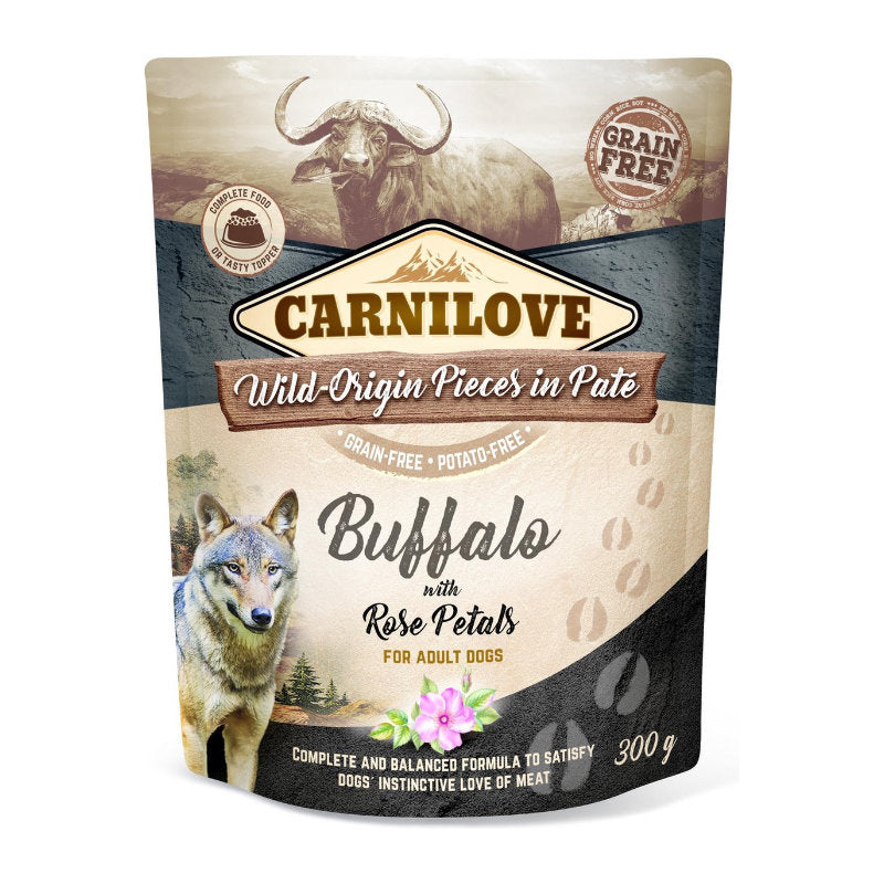 Premium Carnilove Dog Pouch Buffel/Rozenblad 12x300 gr - 8595602537716 voor hond - Bestel nu bij Animal Valley, de online dierenwinkel voor jouw huisdier