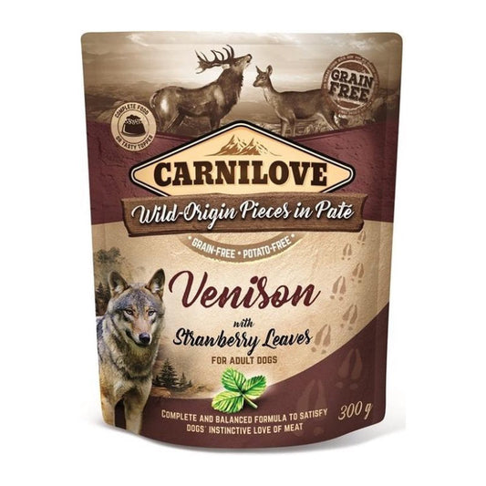 Premium Carnilove Dog Pouch Hert/Aardbeienblad 12x300 gr - 8595602537679 voor hond - Bestel nu bij Animal Valley, de online dierenwinkel voor jouw huisdier